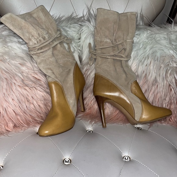 NEW RARE Colin Stuart Tan Suede/Leather Heeled Mid Calf Tie Up Boots - Picture 5 of 12